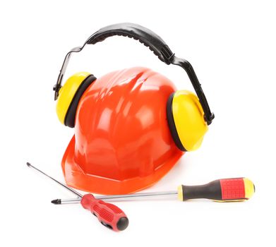 Hard hat ear muffs and screwdrivers.