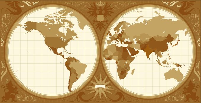World map with retro-styled hemispheres