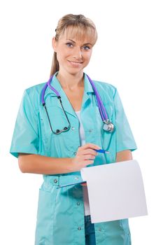 beautiful smiling female doctor with ballpoint pen and clipboard