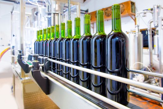 red wine in bottling machine at winery