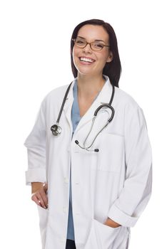 Attractive Mixed Race Female Nurse or Doctor Wearing Lab Coat and Stethoscope Isolated on a White Background.
