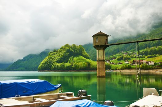Beautiful emerald mountain lake in Switzerland 