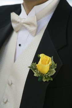 Yellow rose on Grooms tuxedo (close-up)