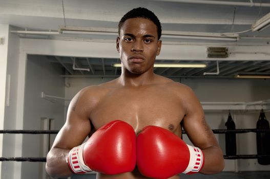 Portrait of an African American boxer wearing red gloves ready for a fight
