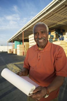 Portrait of a senior warehouse worker holding clipboard