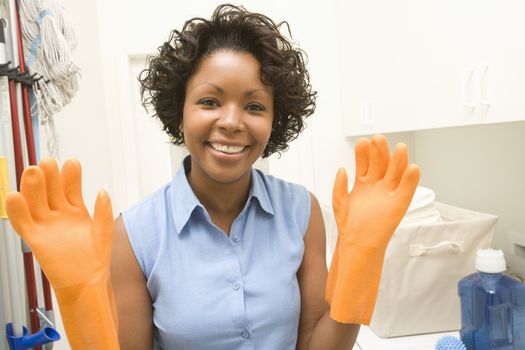 Woman wearing washing up gloves