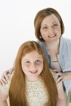 High angle view of mother and daughter isolated over white background