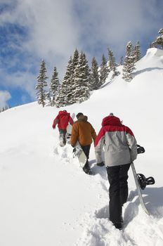 Rear view of three people with snowboards hiking up snow hill
