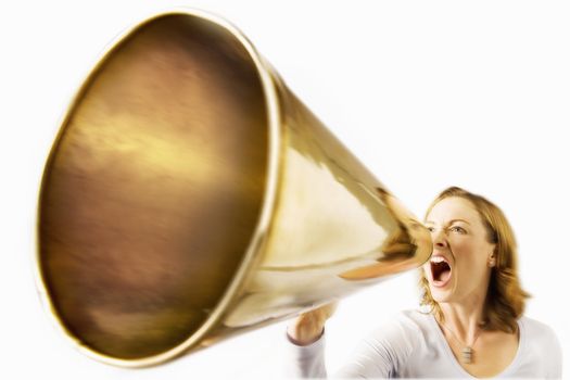 Woman shouting through megaphone on white background
