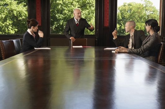 Multiethnic business people having discussion around boardroom table