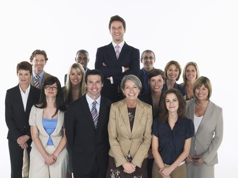 Group of smiling businesspeople man standing taller