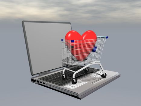 Red heart into shopping cart on laptop symbolizing e-commerce for love in grey cloudy background