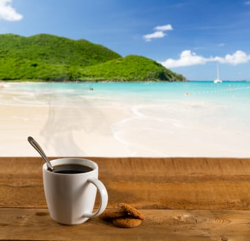 Morning cup of coffee on caribbean beach