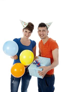 happy couple with colorful balloons on a white background