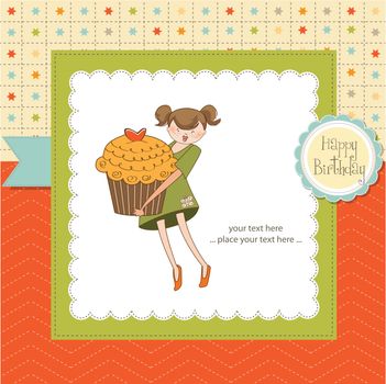 Happy Birthday card with girl and cup cake