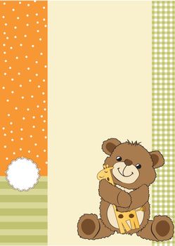 childish greeting card with teddy bear and his toy