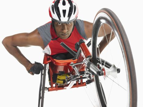 Paraplegic cycler low angle view