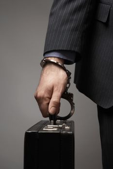 Briefcase handcuffed to businessman's wrist over colored background