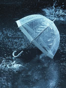 Unused umbrella lying on ground being rained upon