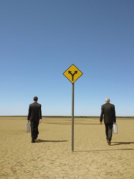 Rear view of businessmen with briefcases walking past road sign in desert