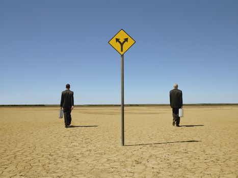 Rear view of businessmen with briefcases walking past road sign in desert