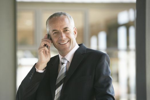 Happy middle aged businessman using mobile phone in office