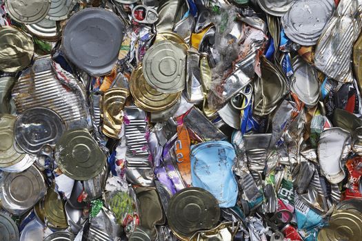 Full frame image of crushed tin cans for recycling