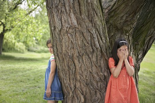 Two girls playing hide and seek by tree in park