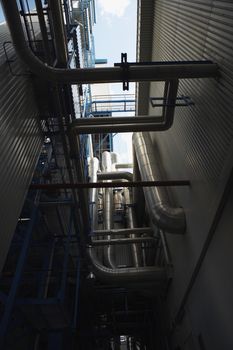 Low angle view of boiler complex of oil fired power station