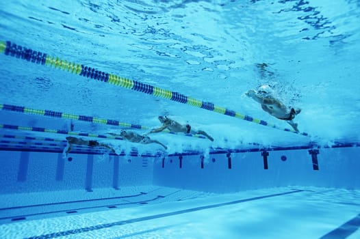 Male swimmers racing in pool underwater view