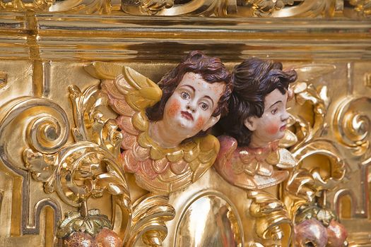 Archangel sculpted in polychromatic cedar wood, art of baroque style in Holy Week, Spain