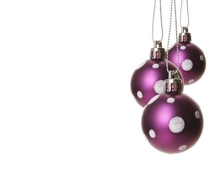christmas, purple christmas balls with white pattern isolated hanging with white background