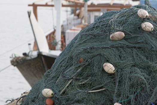 Kalba UAE Fishing nets piled high on boat in Kalbar Fujairah