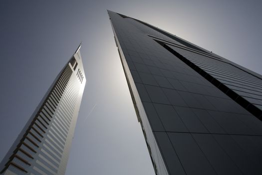 Dubai UAE View of Emirates Towers on Sheikh Zayed Road in Dubai