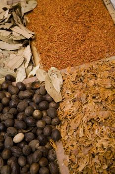 Different types of spices displayed for sale at the spice souq in Deira, Dubai, UAE