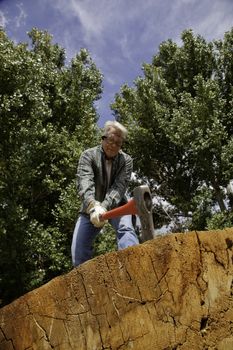 Low angle view of man chopping wood
