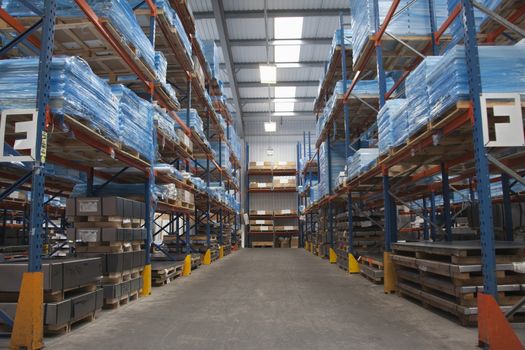 Rows of shelves in commercial lighting factory