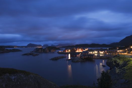 Fishing village on the Lofoten Islands Norway at night