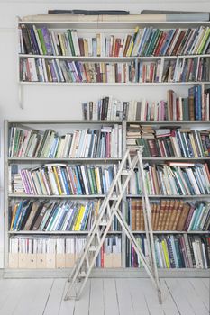 Step ladder by book shelves in library