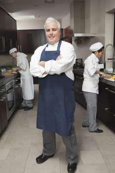 Full length portrait of confident male chef with colleagues working in commercial kitchen