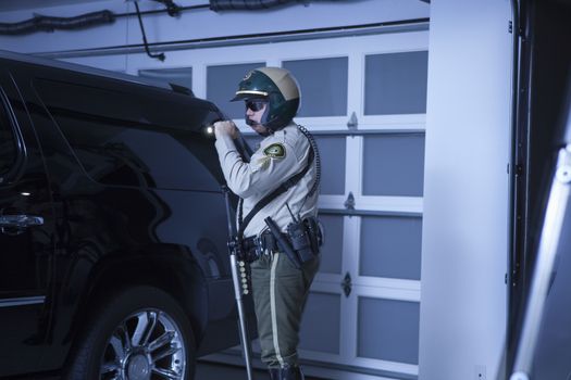 Nightwatch patrolman checks luxury car in garage