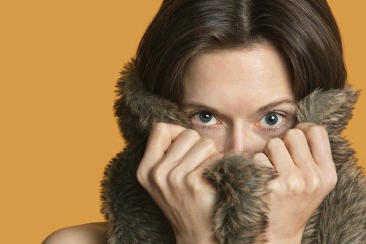 Portrait of a woman hiding with fur
