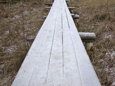 Wooden footway with hoarfrost
