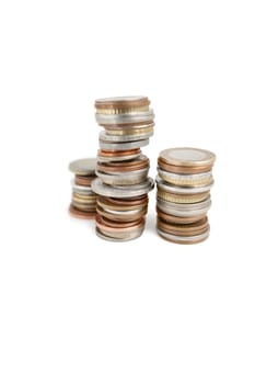 Stack of coins over white background
