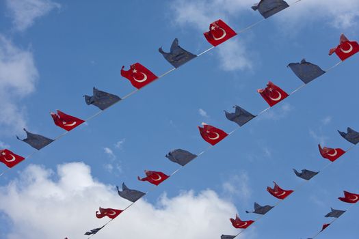 Close-up view of Turkish and EU bunting against clear sky