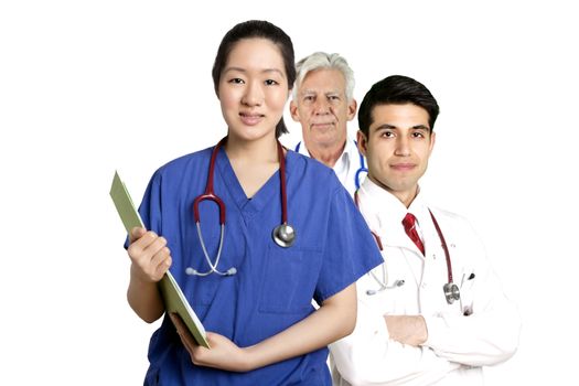 Various Doctors standing in front of white background 