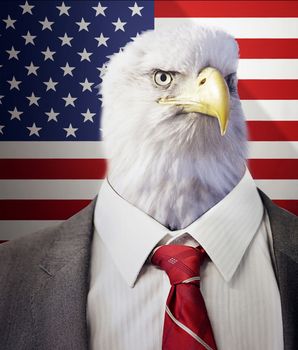 Head of an eagle on a businessman's body in front of American Stars and Stripes flag