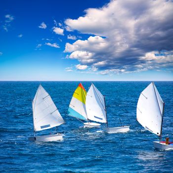 Sailboats Optimist learning to sail in Mediterranean at Denia