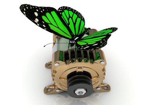 Big green butterfly sits on a pulley gold generator