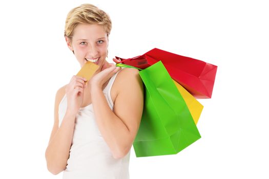 happy shopping woman bites on her credit card